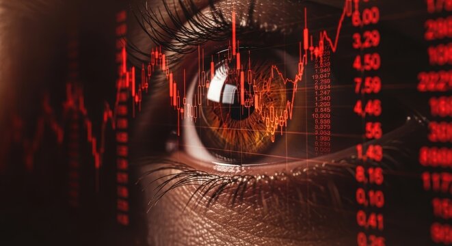 Close up of an eye with red stock market graph overlayed reflecting in the pupil and cornea area