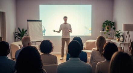 Fototapeta premium A presenter is giving a presentation to an audience in a room with a projector screen and flip chart