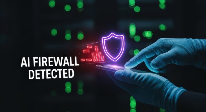 Gloved hands interacting with a digital shield and graph on a mobile device in a server room setting