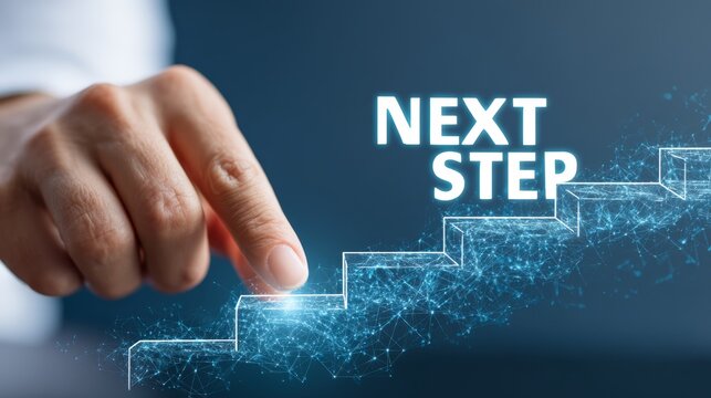 Person’s hand, strategy, roadmap, innovation, Progressing Towards the Future: Hand Hovering over "Next Step" Icon in Roadmap Plan