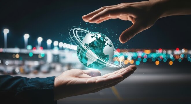 Hands holding a glowing globe with rings against a blurred city lights background at night time