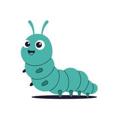 Cute and friendly teal cartoon caterpillar with a big happy smile and large expressive eyes, standing cheerfully on a plain white background.