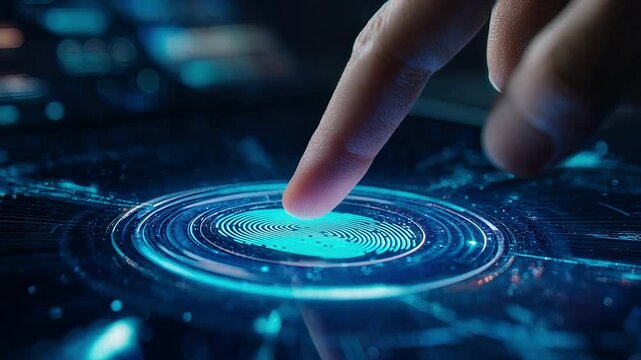 Futuristic biometric fingerprint scanner with human finger touching digital interface for security and identity verification