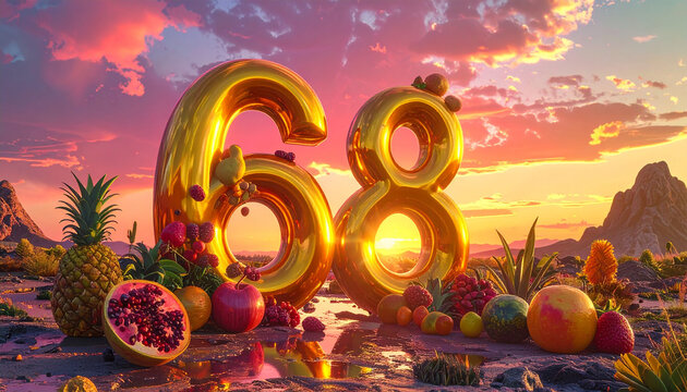 Golden number 68 with fruits and berries in a surreal landscape at sunset sixty eight