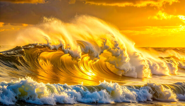 Golden ocean wave crashing with sunlight and dramatic clouds at sunset water surf