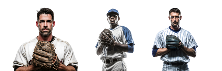 Three baseball players in uniform holding gloves and looking at the camera.