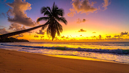 Idyllic beach at sunset with leaning palm tree and colorful sky tropical ocean