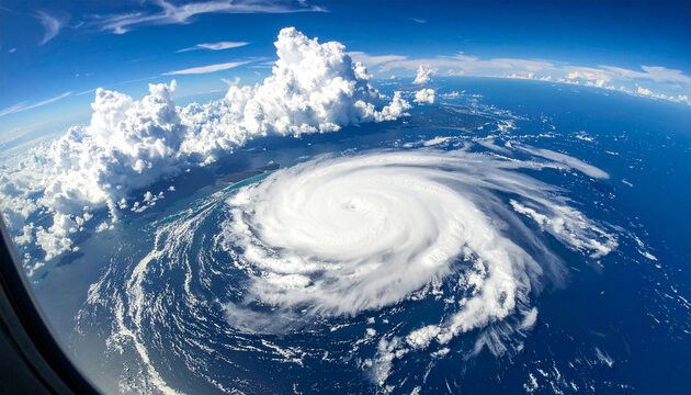 Hurricane from airplane window over blue ocean and clouds storm cyclone