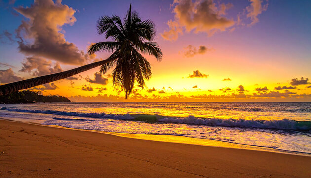 Idyllic beach at sunset with leaning palm tree and colorful sky tropical ocean