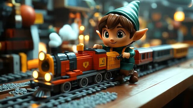 Playful elf child operating a toy train indoors