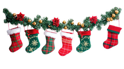 A Christmas stocking garland with red and green stockings hanging from a green garland with gold ornaments.