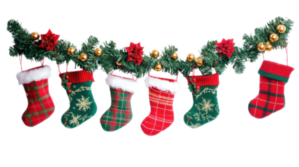 A Christmas stocking garland with red and green stockings hanging from a green garland with gold ornaments.