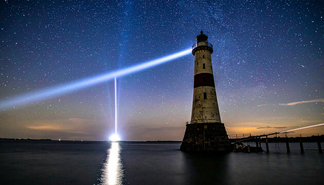 Lighthouse with rotating beam of light under a starry night sky stars - Powered by Adobe