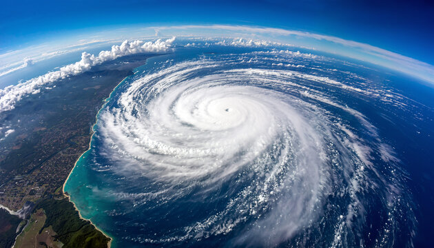 Massive hurricane swirling over ocean and coastline from space storm cyclone