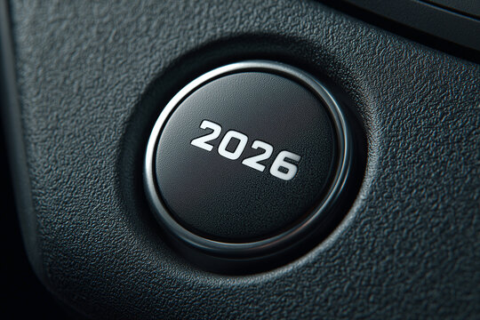 Button with 2026 marking on a modern dashboard in a vehicle interior
