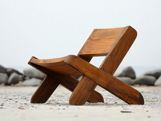 Rustic Wooden Lounge Chair on Sandy Beach with Calm Ocean Backdrop