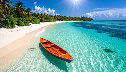 Orange rowboat tied to a tropical beach with clear turquoise water orange boat wooden boat