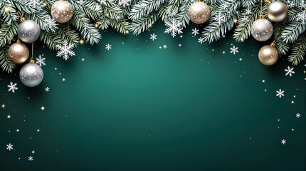 Elegant Emerald Green Christmas Background with Silver Ornaments and Snowflake Details