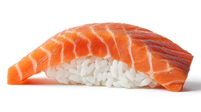 A bright lighting arrangement displays vibrant salmon nigiri sushi isolated on white PNG