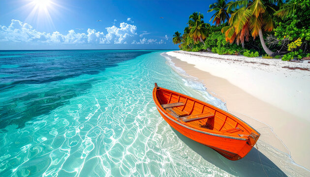 Orange rowboat on a pristine white sand beach with turquoise water orange boat wooden boat