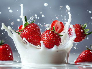 Fresh Strawberries Splashing in Creamy Milk on a Gray Background