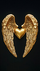 Golden Wings with Heart Symbol on Black Background