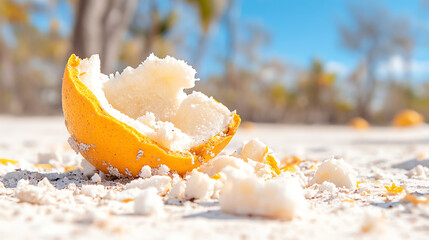 A close-up of a broken coconut shell on a sandy beach, evoking tropical vibes and natural beauty under a bright sky.