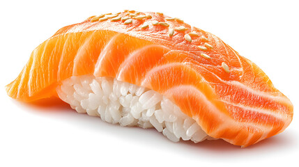 A sharp macro view reveals authentic salmon nigiri sushi isolated on white