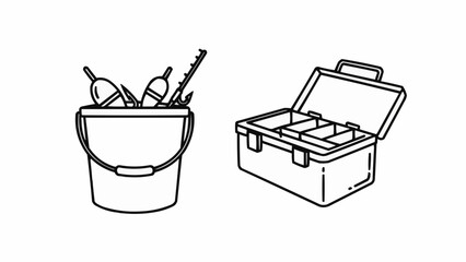 Fishing Gear - Bucket with Floats and Open Tackle Box. © ERIS