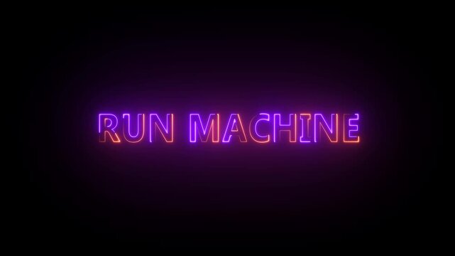 Neon text RUNMACHINE glowing purple and orange on a black background run machine light