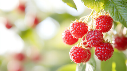 A close-up view of ripe, vibrant raspberries hanging from green leaves, showcasing their natural beauty in a sunlit garden.