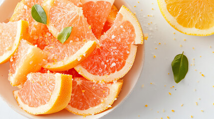 A delicious bowl of fresh citrus slices, featuring vibrant grapefruit and lemon, garnished with green leaves for a refreshing look.