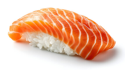 A close-up shot presents fresh salmon nigiri sushi isolated on white PNG