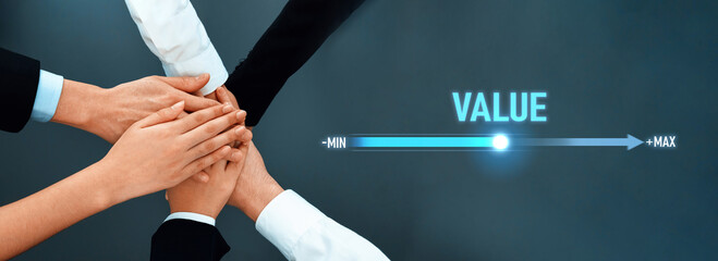 Group of diverse professionals' hands uniting on a blue background with a value scale showing...