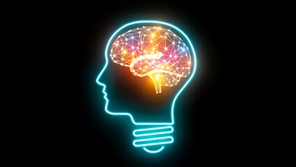 Brain power concept glowing lightbulb with human head outline