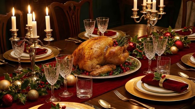 
Luxury Christmas Dinner Table with Roast Turkey, Candlelight, and Festive Holiday Decorations


