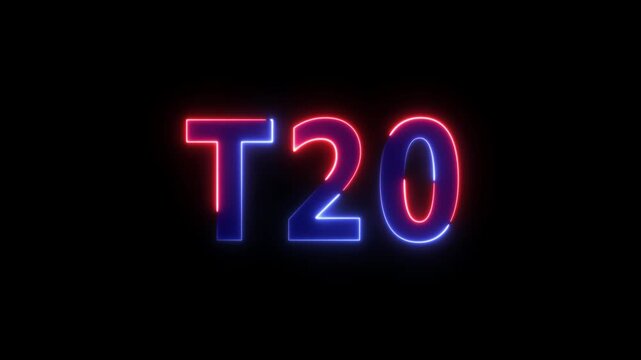 Neon text T20 glowing blue and red on a black background light
