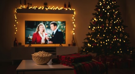 Cozy living room with a Christmas tree and a TV showing a holiday movie. A bowl of popcorn sits on a table, surrounded by festive decorations and warm lights.