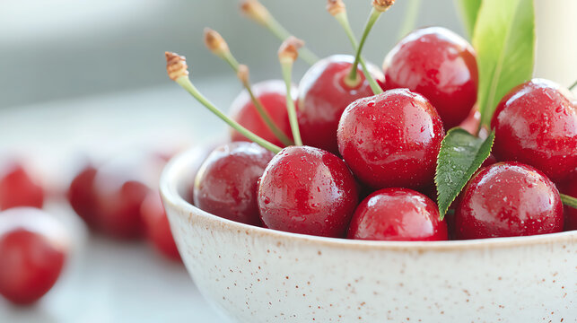 A fresh bowl of ripe cherries with vibrant colors and glistening surfaces, perfect for healthy snacking and culinary creations.