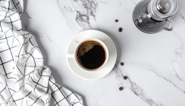 Overhead View Of Coffee In A Cup With Pour Over Brewer marble white