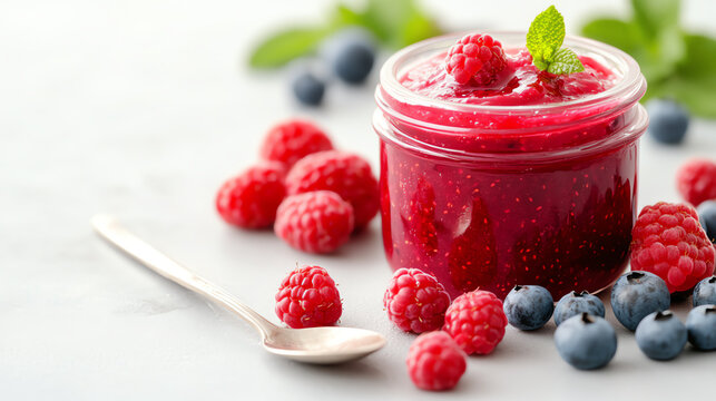 A jar of delicious raspberry jam surrounded by fresh raspberries and blueberries, perfect for breakfast spreads or desserts.