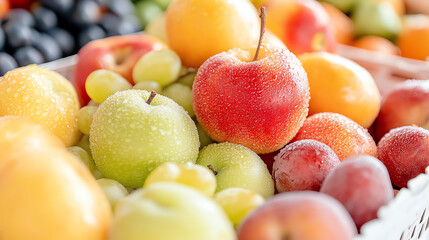 A vibrant assortment of fresh fruits featuring apples, grapes, and peaches, perfect for healthy eating or cooking inspiration.