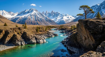 Obraz premium A beautiful scenic landscape of a river flowing through mountain valleys