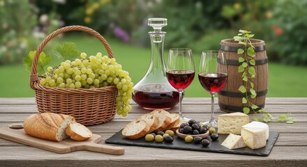 A beautiful wine picnic scene with grapes bread cheese and olives