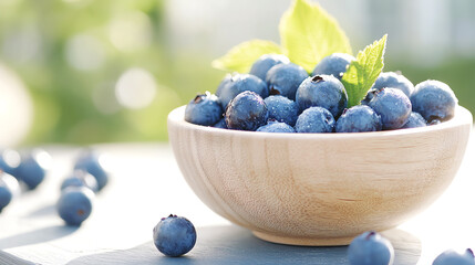 A vibrant bowl of fresh blueberries with green leaves, set against a softly blurred outdoor background, perfect for healthy eating.