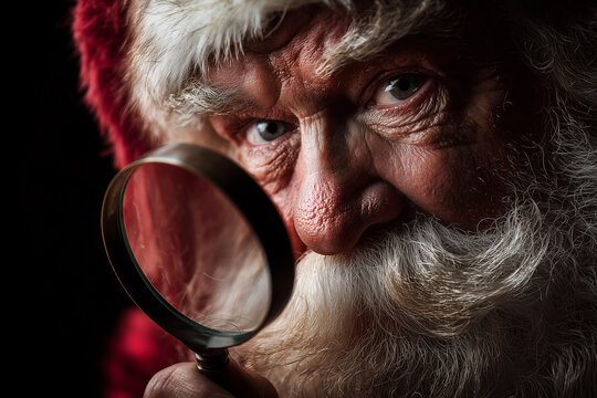 Santa Claus inspecting his nice list with a magnifying glass during Christmas
