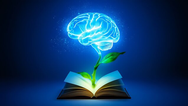 Conceptual brain growing from book open learning education knowledge wisdom