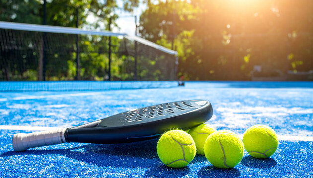 Padel tennis racket and balls on a blue court with sun flare and net image photo - Powered by Adobe