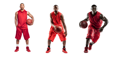 Three basketball players in red uniforms on white background.