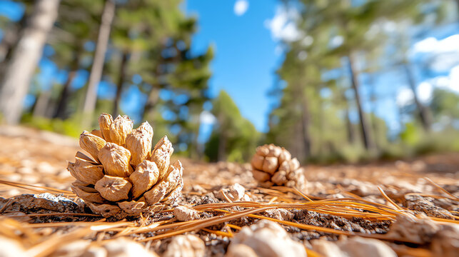 Close-up of pine cones on the forest floor, surrounded by pine needles and greenery, capturing nature's serene beauty.